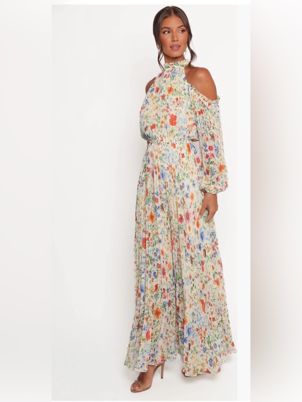 Petal & Pup Floral Cold-Shoulder Maxi Dress in Ivory with Multicolor Print
